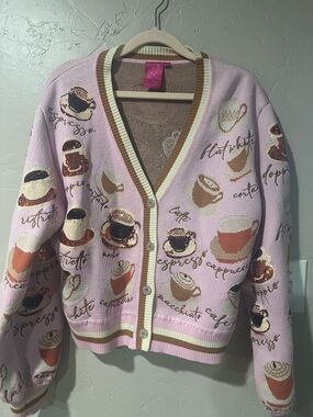 Queen of Sparkles Pink Coffee Cardigan EUC